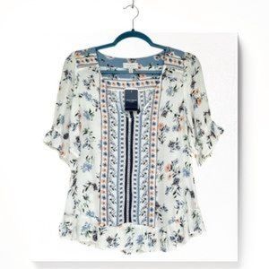 Lucky Brand Boho Blouse Ruffle Border Print V-Neck Floral Print Crochet Details